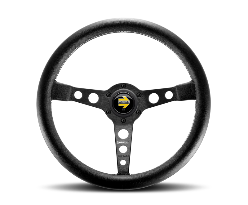 MOMO Prototipo 350mm Steering Wheel - Black Leather with White Stitch and Black Spokes