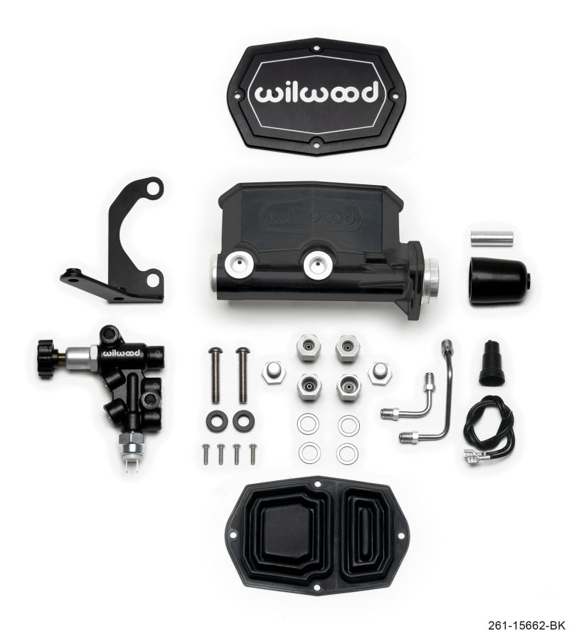 Wilwood Compact Tandem Master Cylinder 1.12 inch Bore with Right-Hand Bracket and Valve, Black - Part #Wil261-15662-BK