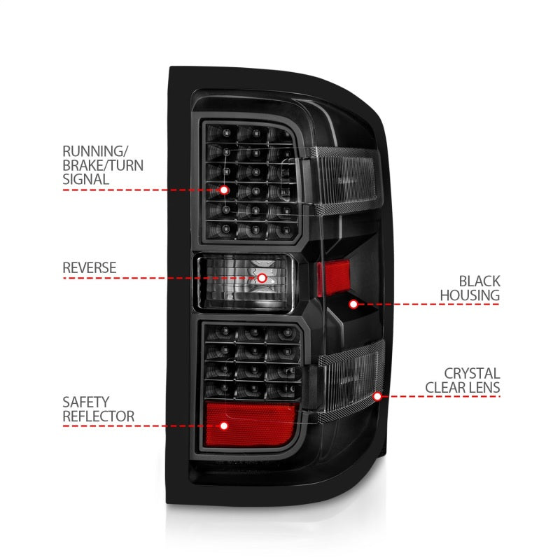 ANZO 15-19 Chevy Silverado 2500HD/3500HD LED Tail Light Assembly with Clear Lens and Black Housing