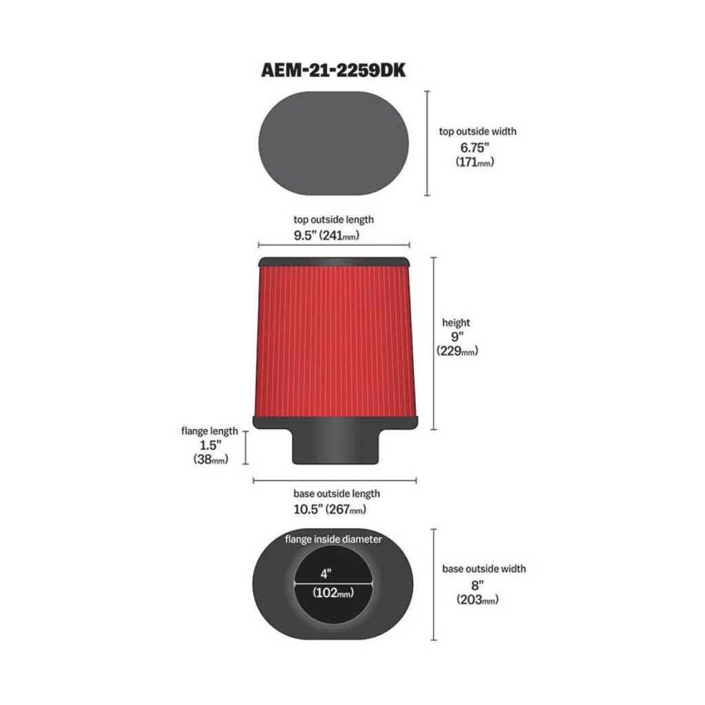 AEM Induction 4-inch Dryflow Oval Air Filter (Part Number: AEM21-2259DK)