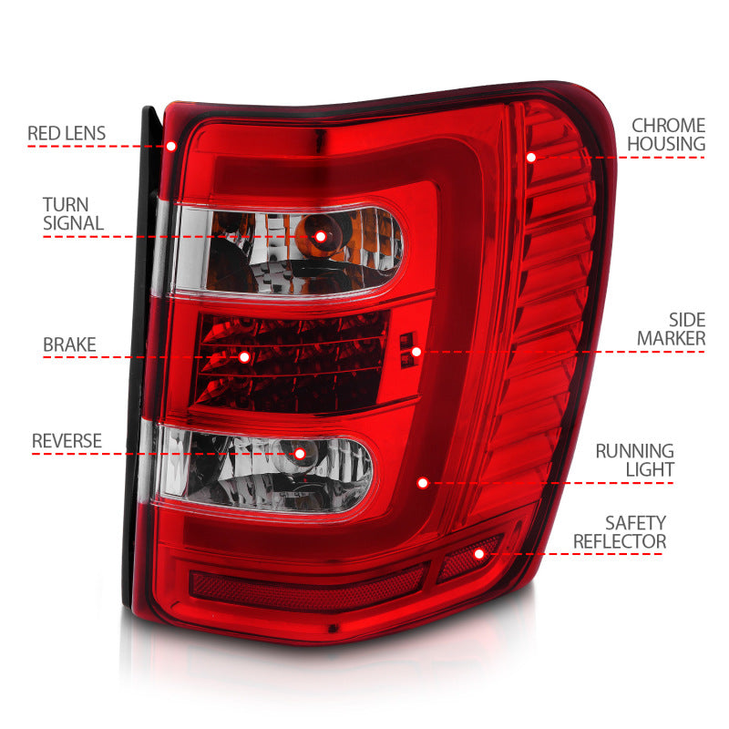 ANZO 1999-2004 Jeep Grand Cherokee LED Tail Light Assembly with Light Bar, Chrome Housing, Red and Clear Lenses