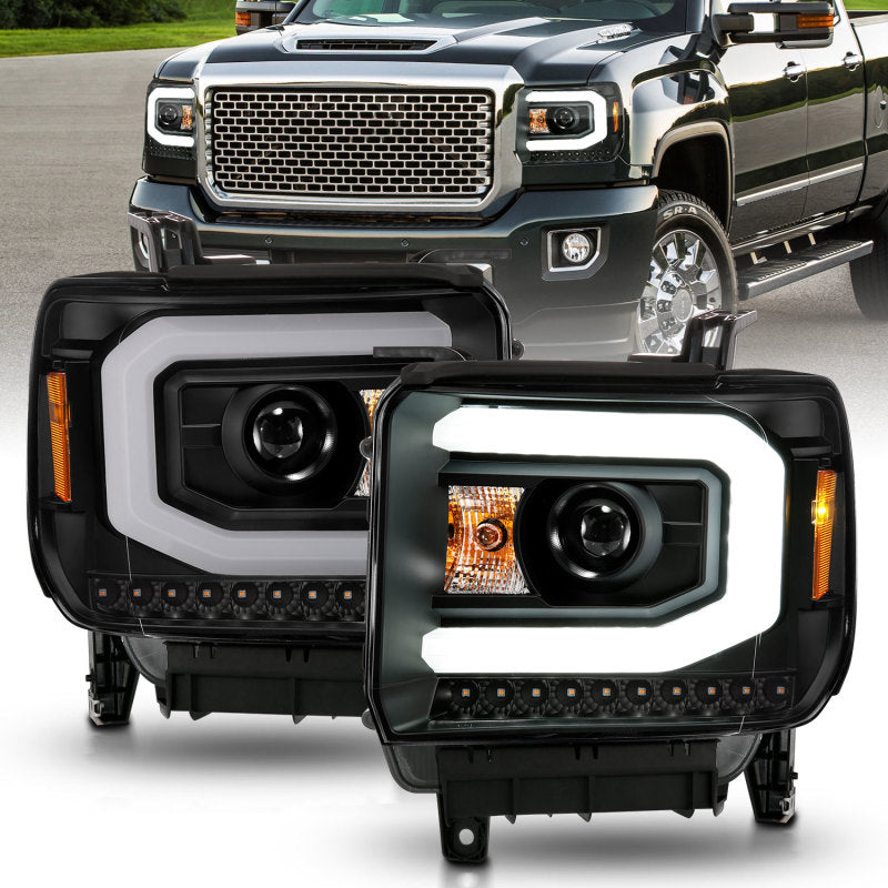 ANZO 2014-2015 GMC Sierra 1500 Projector Headlights with Light Bar, Black Housing - Pair