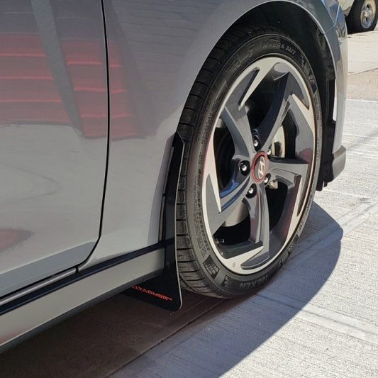 Rally Armor 19-21 Hyundai Veloster Turbo/2.0/R-Spec Black UR Mud Flap with Red Logo - Durable Polyurethane Protection