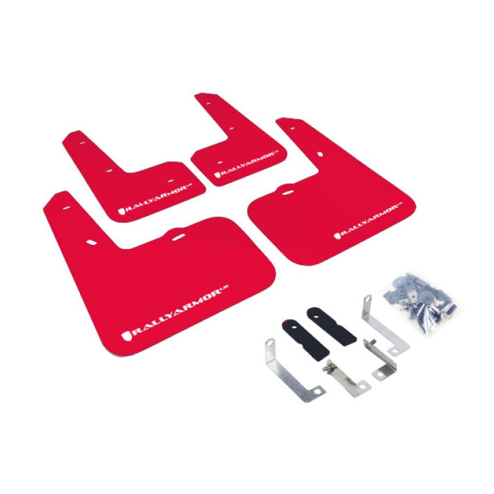 Rally Armor UR Series Mud Flap Set for Hyundai Veloster – Red with White Logo, Part Number RALMF24-UR-RD/WH
