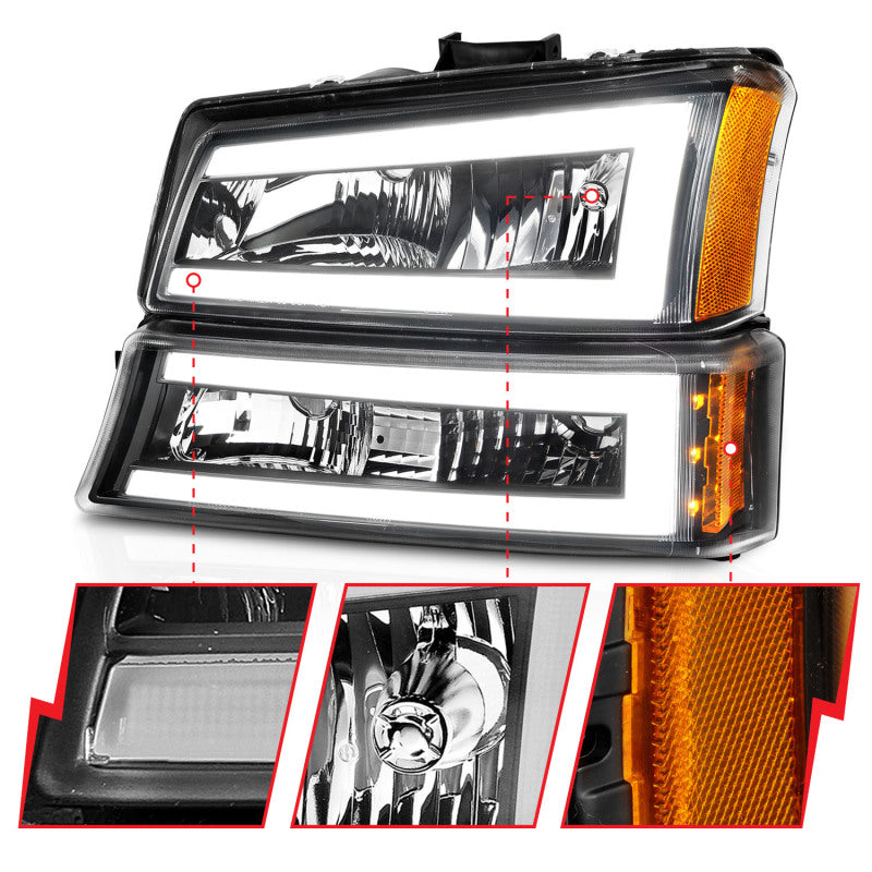 ANZO 2003-2006 Chevrolet Silverado 1500 Crystal Headlights with Light Bar, Black Housing and Clear Lens