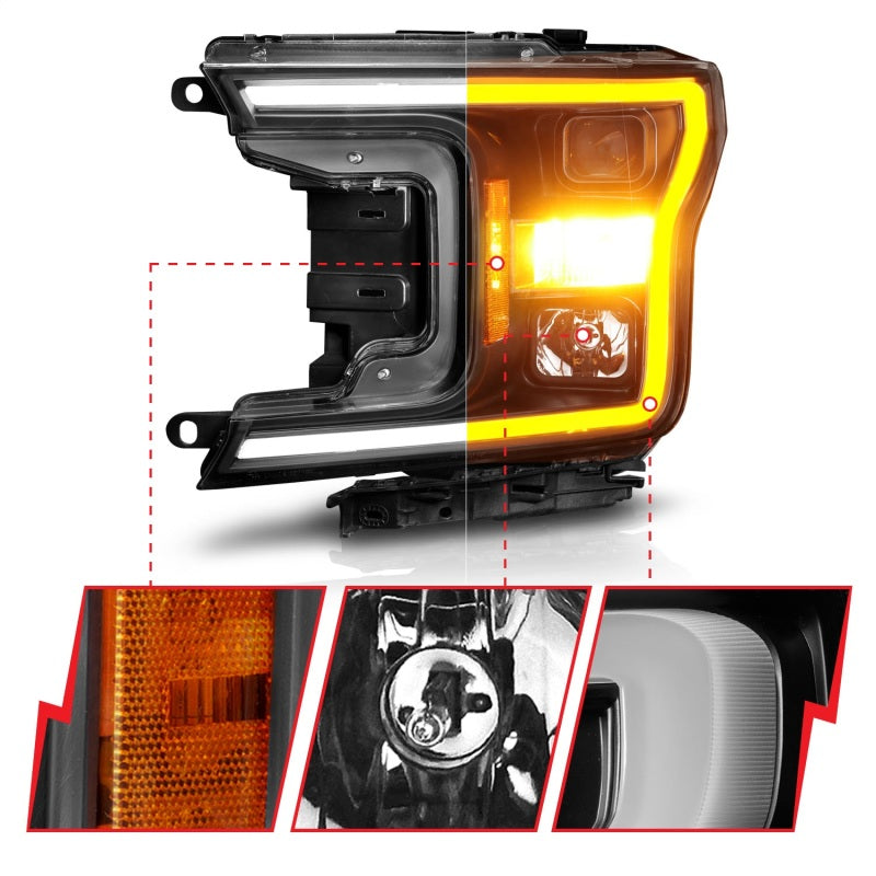ANZO 2018-2020 Ford F-150 Projector Headlights with Plank Style Switchback and Black Housing