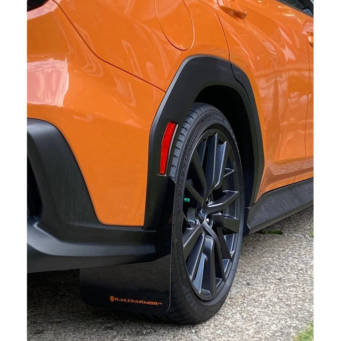Rally Armor 22-25 Subaru WRX UR Series Black Mud Flaps with Orange Logo Part RalMF92-UR-BLK/OR