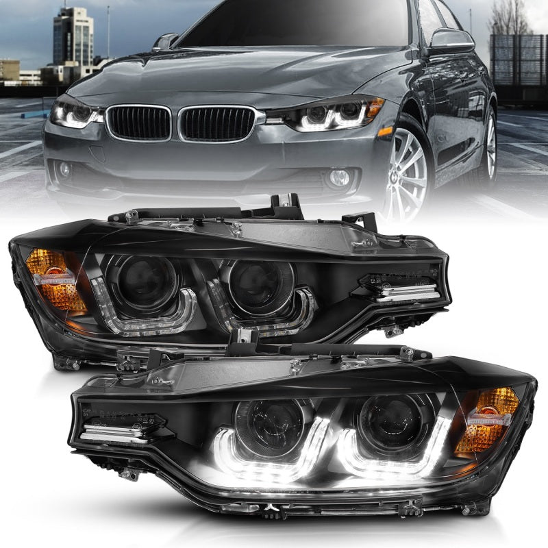 ANZO 2012-2015 BMW 3 Series Projector Headlights with U-Bar in Black Housing