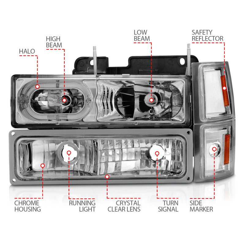 ANZO 88-98 Chevrolet C1500 Crystal Headlight Set with Halo and Signal Lights