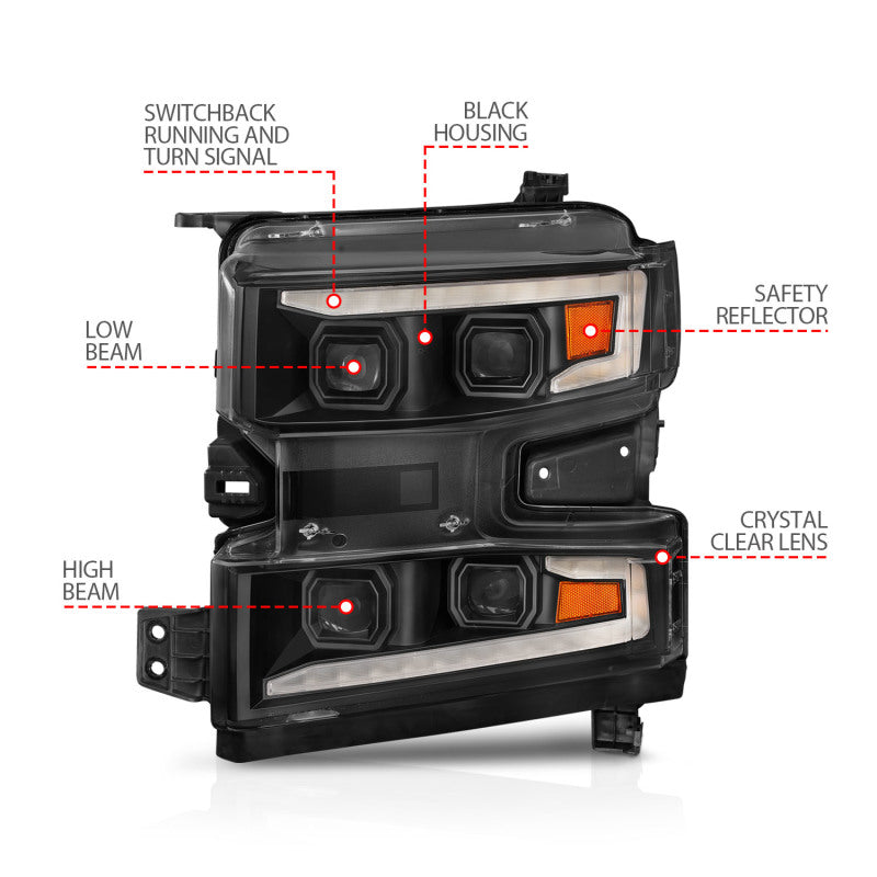 ANZO 2019-2022 Chevrolet Silverado 1500 LED Projector Headlight with Light Bar, Switchback, Sequential Turn Signals, Black Housing, Driver Side Only - Model anz111566-L