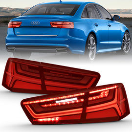 ANZO 2012-2018 Audi A6 LED Tail Light Assembly with Sequential Signal - Black Housing, Red and Clear Lens, Pair
