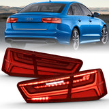 ANZO 2012-2018 Audi A6 LED Tail Light Assembly with Sequential Signal - Black Housing, Red and Clear Lens, Pair