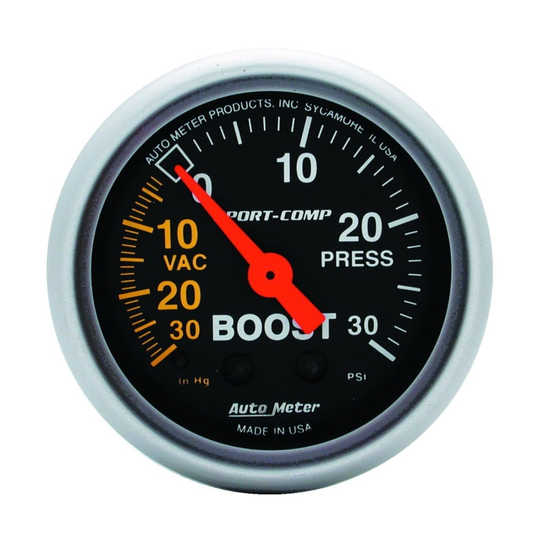 AutoMeter Sport-Comp 52mm Mechanical Boost Gauge – 30 PSI for Accurate Turbo and Supercharger Monitoring