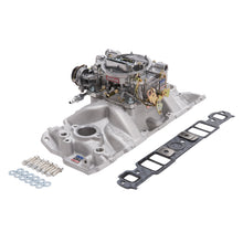 Load image into Gallery viewer, Edelbrock Part #2021 Small-Block Chevy Single-Quad Manifold and Carburetor Kit with Chrome Finish