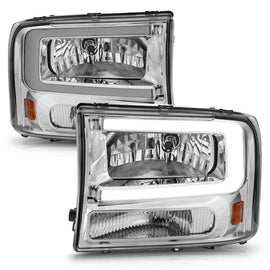 ANZO Crystal Headlights with Light Bar for 2002-2004 Ford F-250 Super Duty — Chrome Housing, Clear Lens, Pair