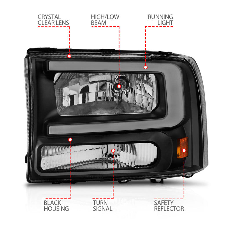 ANZO 99-04 Ford F-250/F-350/F-450 Crystal Headlights with Light Bar, Black Housing and Clear Lens