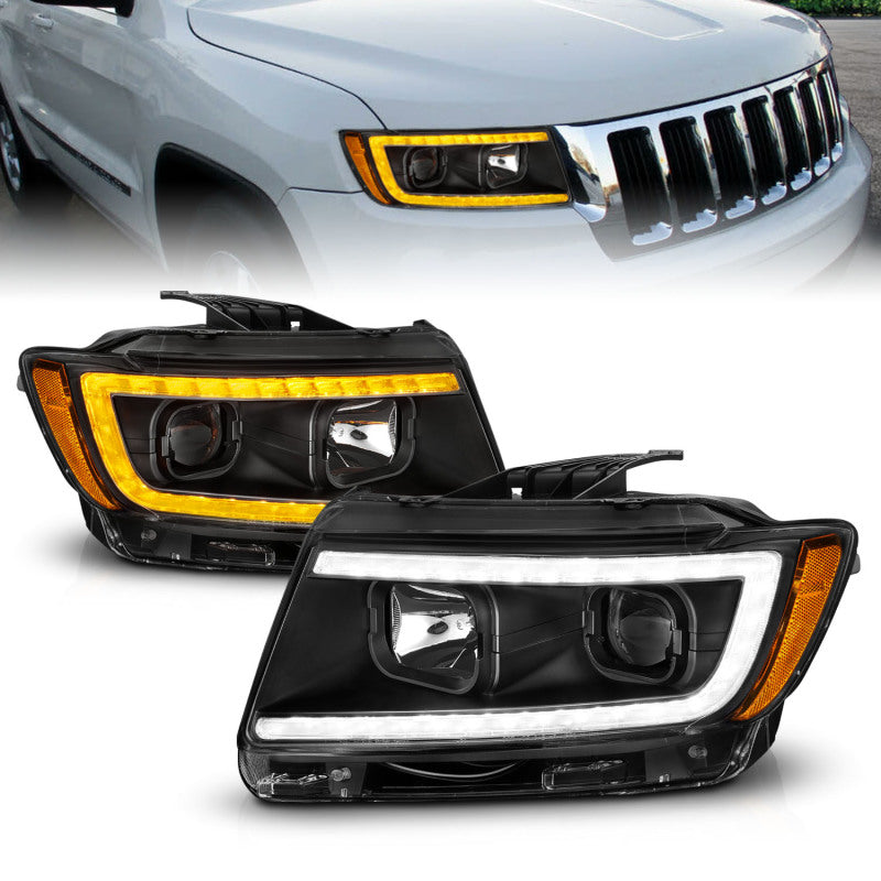 ANZO 11-13 Jeep Grand Cherokee Projector Headlights with Light Bar Switchback, Black Housing