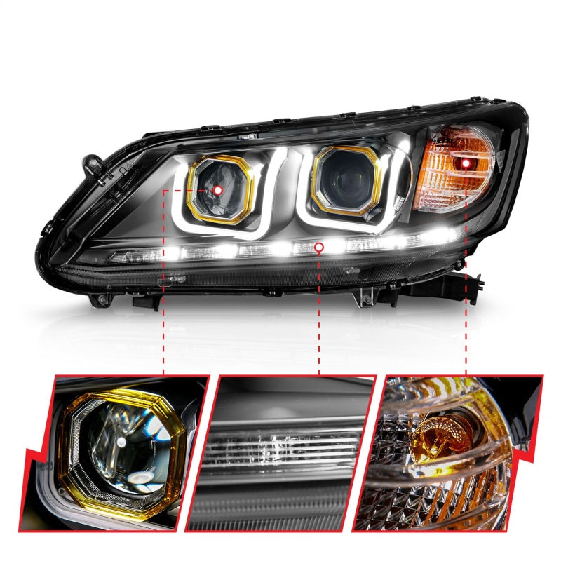 ANZO 2013-2015 Honda Accord 4-Door Projector Headlights with U-Bar, Black Housing and Clear Lens