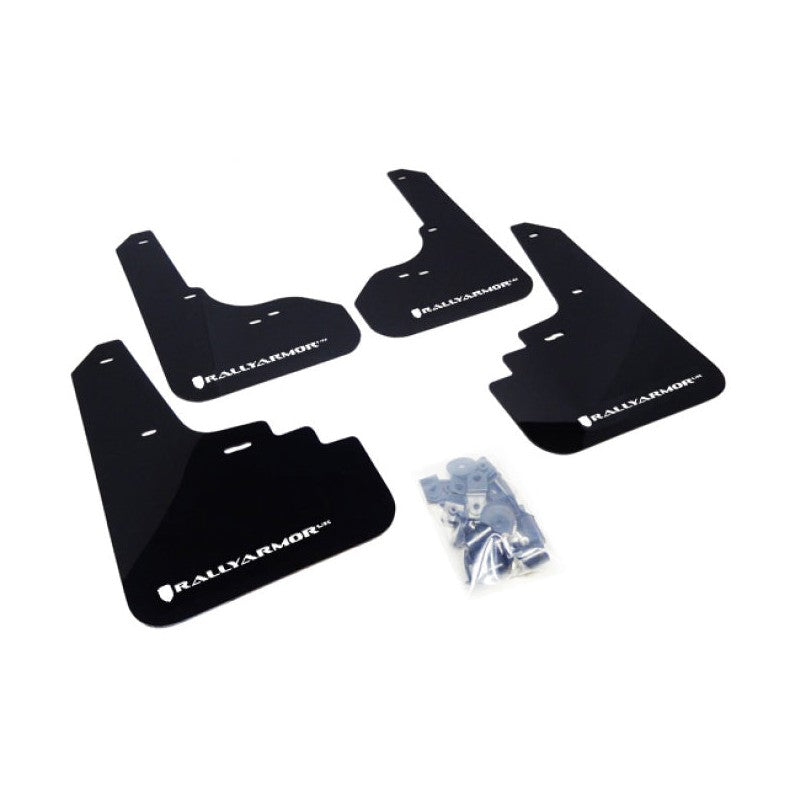 Rally Armor UR Series Mud Flaps for 2005-2009 Subaru Legacy and Outback – Black with White Logo, Part Number RALMF4-UR-BLK/WH