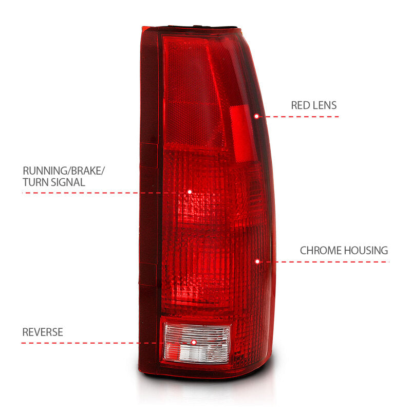 ANZO 1988-1999 Chevy C1500 Tail Light Assembly with Chrome Housing - Red and Clear Lens Pair