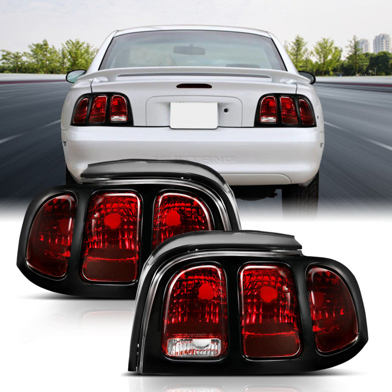ANZO 1994-1998 Ford Mustang Tail Light Assembly with Dark Red Lens and Black Housing