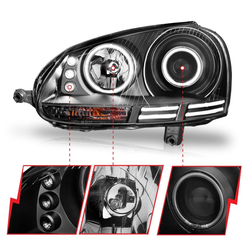 ANZO 2006-2009 Volkswagen Rabbit Projector Headlights with Halo - Black Housing, Clear Lens, CCFL - Pair