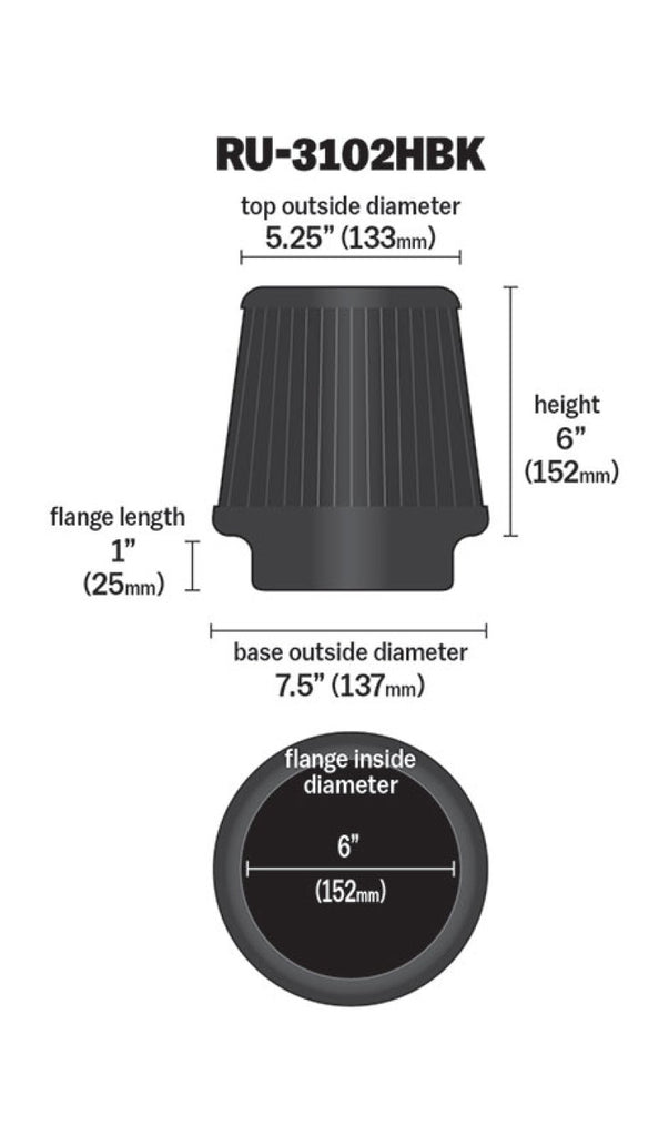 K&N Engineering Universal Rubber Round Tapered Air Filter with 6-Inch Flange for Automotive Applications