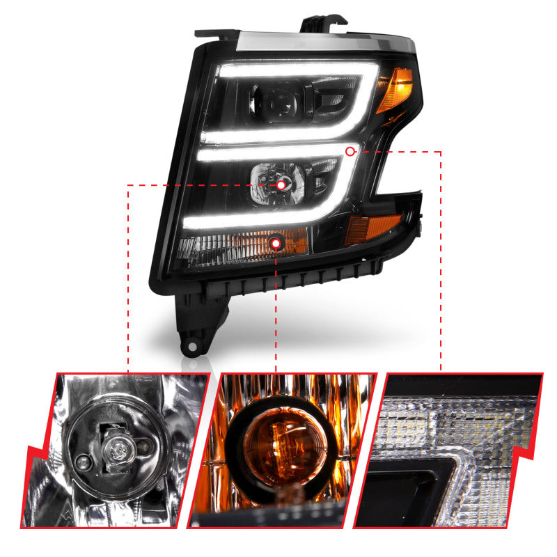 ANZO 2015-2020 Chevy Tahoe Projector Headlights with DRL, Black Housing and Clear Lens