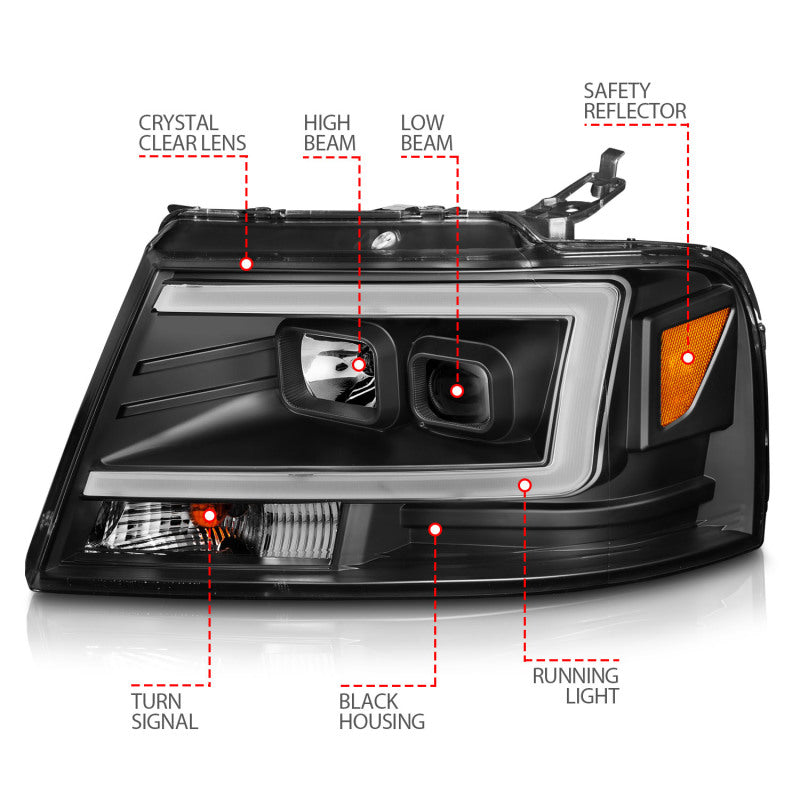 ANZO 2004-2008 Ford F-150 Projector Headlights with Light Bar, Black Housing - Pair