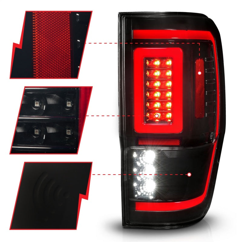 ANZO 19-22 Ford Ranger Full LED Tail Light Assembly with Lightbar and Sequential Signal, Black Housing and Smoke Lens