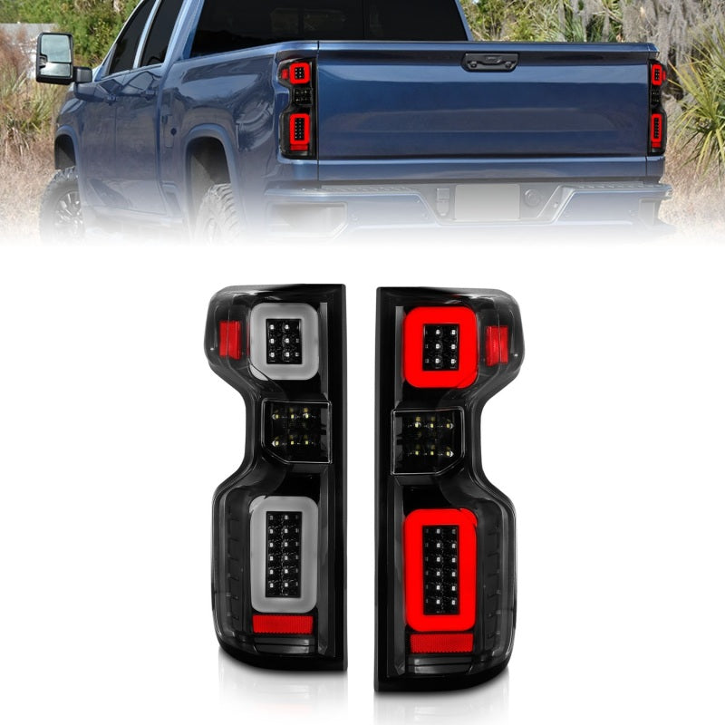 ANZO 19-21 Chevy Silverado Full LED Taillights with Light Bars – Black Housing, Clear Lens, Sequential Design