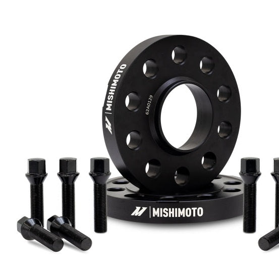 Mishimoto 5x120 Wheel Spacers with 72.6mm Center Bore — 15mm Thickness, M14x1.25 Threads, Black Anodized Finish