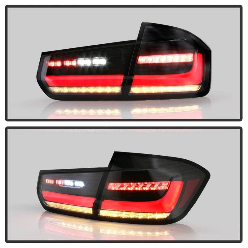Spyder BMW 3 Series F30 Full LED Tail Lights with Sequential Turn Signal and Red Light Bar - Black (2012-2018)