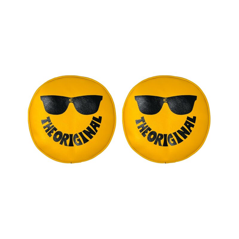 KC HiLiTES Retro 8-inch Yellow Vinyl Light Cover with 'The Original' Smiley Face Logo, Pair