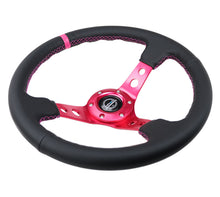 Load image into Gallery viewer, NRG Reinforced Steering Wheel 350mm Deep Black Leather with Fushia Center Mark and Stitching (Part Number: nrgRST-006FH)