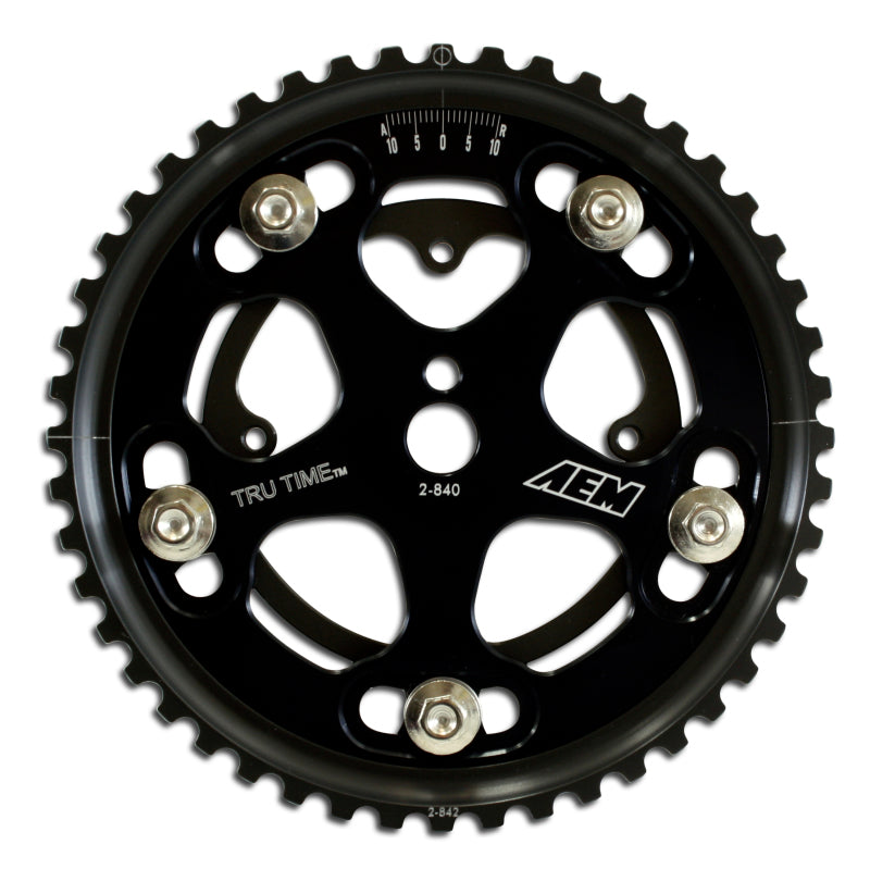 AEM Tru-Time Adjustable Camshaft Gear for Mitsubishi 4G63/T Engines - Black Anodized, 5-Bolt Design