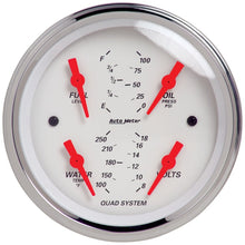 Load image into Gallery viewer, AutoMeter Arctic White 3-3/8 inch Quad Gauge Set with 100 PSI, 250°F, 8-18V Voltage, and Fuel Level Monitoring