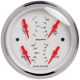 AutoMeter Arctic White 3-3/8 inch Quad Gauge Set with 100 PSI, 250°F, 8-18V Voltage, and Fuel Level Monitoring