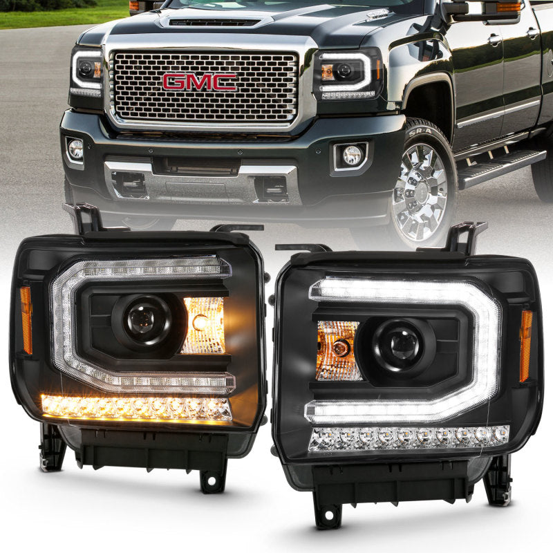 ANZO 2016-2019 GMC Sierra 1500 Projector Headlights with Plank Style Design, Black Finish & Sequential Amber Turn Signal