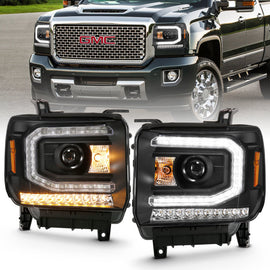 ANZO 2016-2019 GMC Sierra 1500 Projector Headlights with Plank Style Design, Black Finish & Sequential Amber Turn Signal