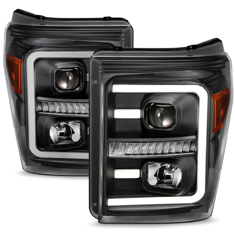 ANZO 2011-2016 Ford F250 Projector Headlights with Plank Style Switchback, Black with Amber – Pair