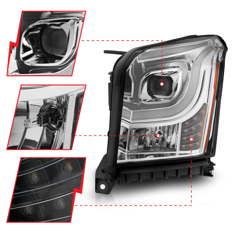 ANZO 2015-2017 GMC Yukon XL Projector Headlights with Lightbar - Black Housing and Clear Lens