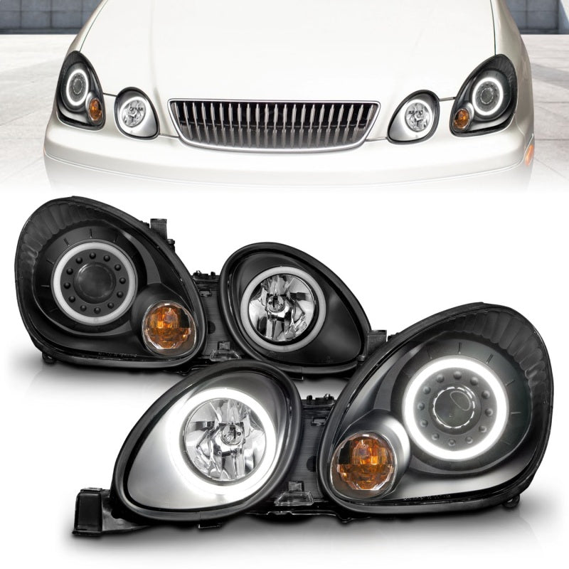 ANZO Lexus GS300 & GS430 Projector Headlight Set with Halo, Black Housing, Pair - Fits 1998-2005 Models