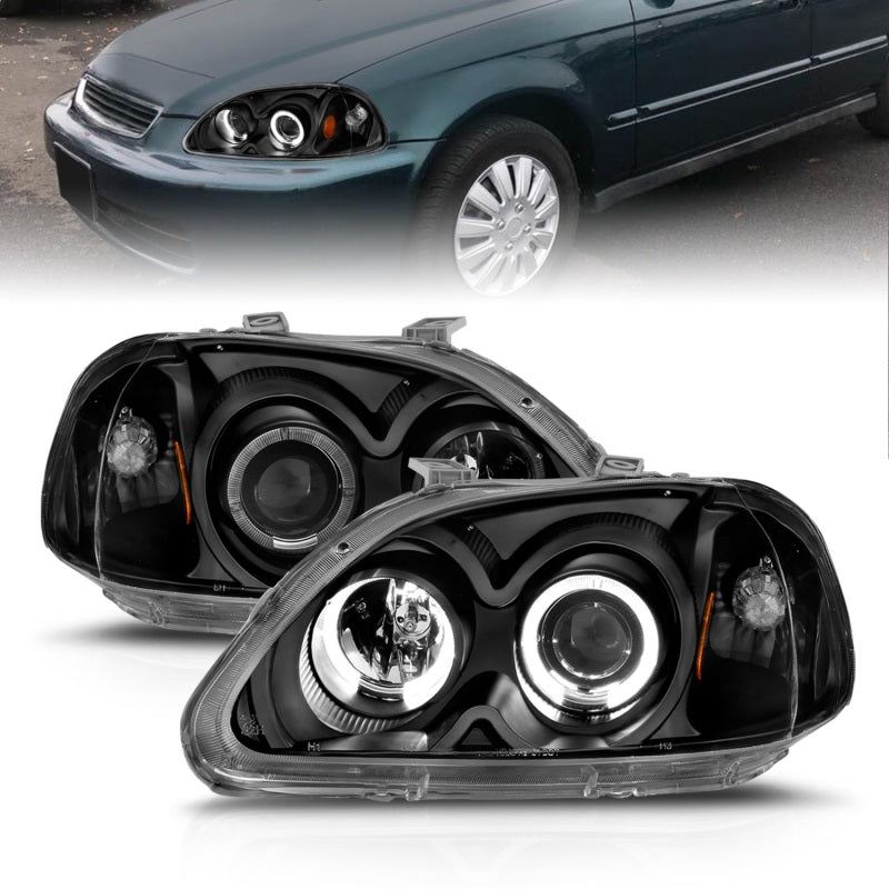 ANZO 1996-1998 Honda Civic Projector Headlights with Halo, Black Housing, Clear Lens – Pair