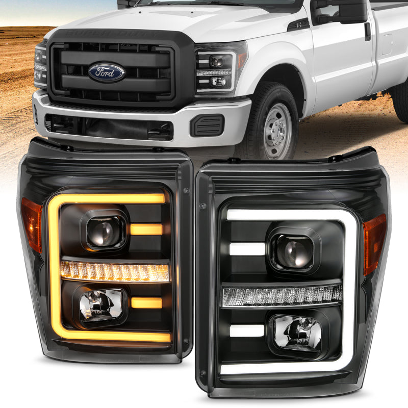 ANZO 2011-2016 Ford F250 Projector Headlights with Plank Style Switchback, Black with Amber – Pair