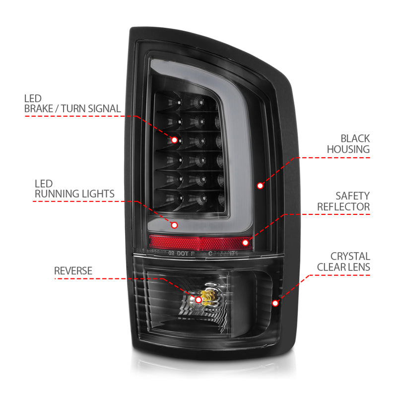 ANZO 2002-2006 Dodge Ram 1500 LED Tail Light Pair with Light Bar, Black Housing & Clear Lens