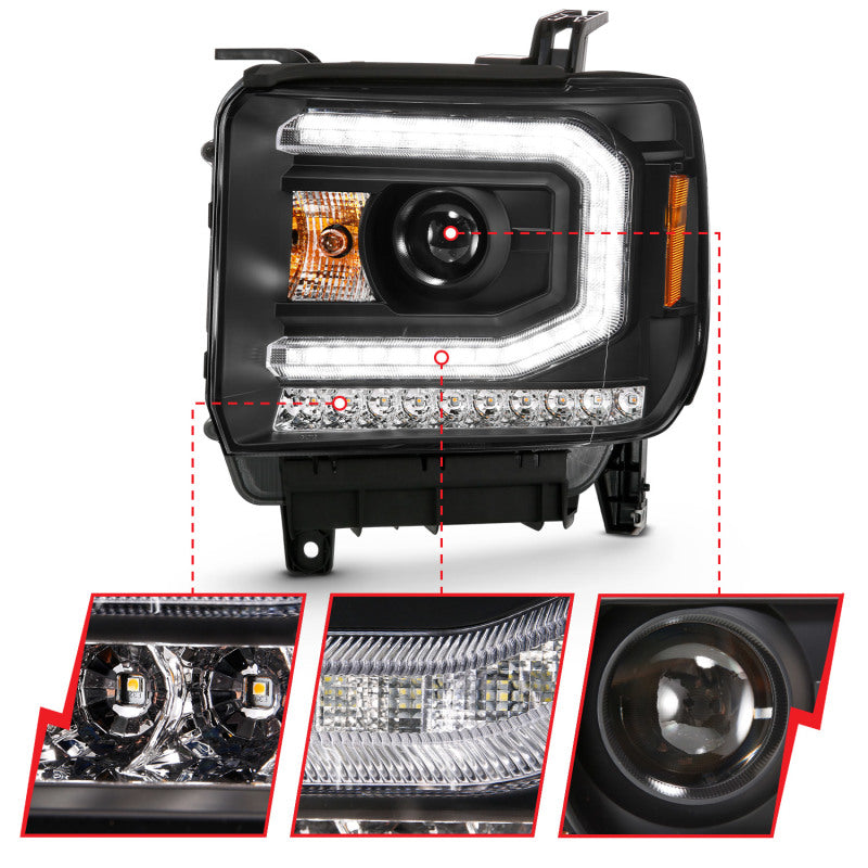 ANZO 2016-2019 GMC Sierra 1500 Projector Headlights with Plank Style Design, Black Finish & Sequential Amber Turn Signal
