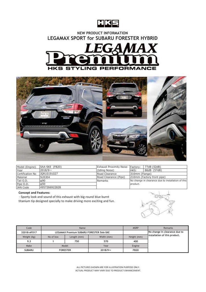 HKS Legamax Premium Exhaust System for Subaru Forester 5AA-SKE Part Number hks32018-AF017