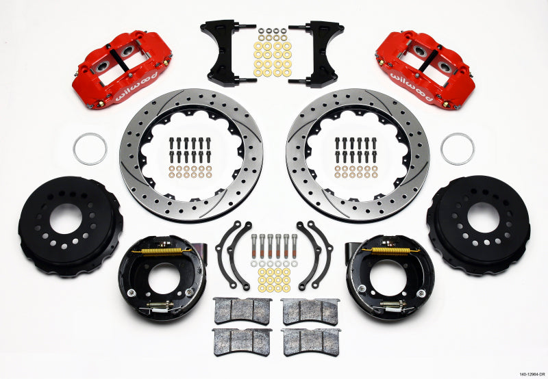 Wilwood Narrow Superlite 4R Rear Parking Brake Disc Kit * 12.88-Inch Drilled Rotors with Red Calipers for Chevy 12-Bolt Axle