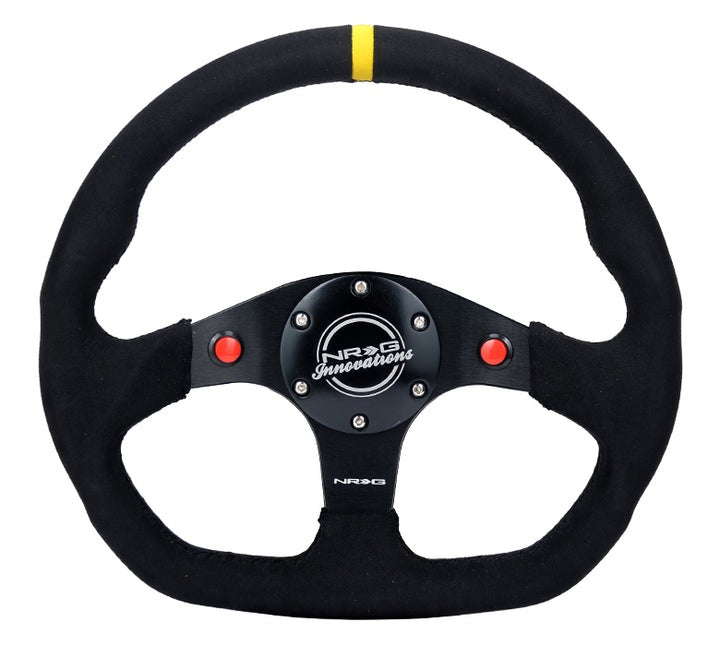 NRG - Reinforced 320mm Alcantara Flat Bottom Steering Wheel with Dual Push Buttons and Yellow Marker
